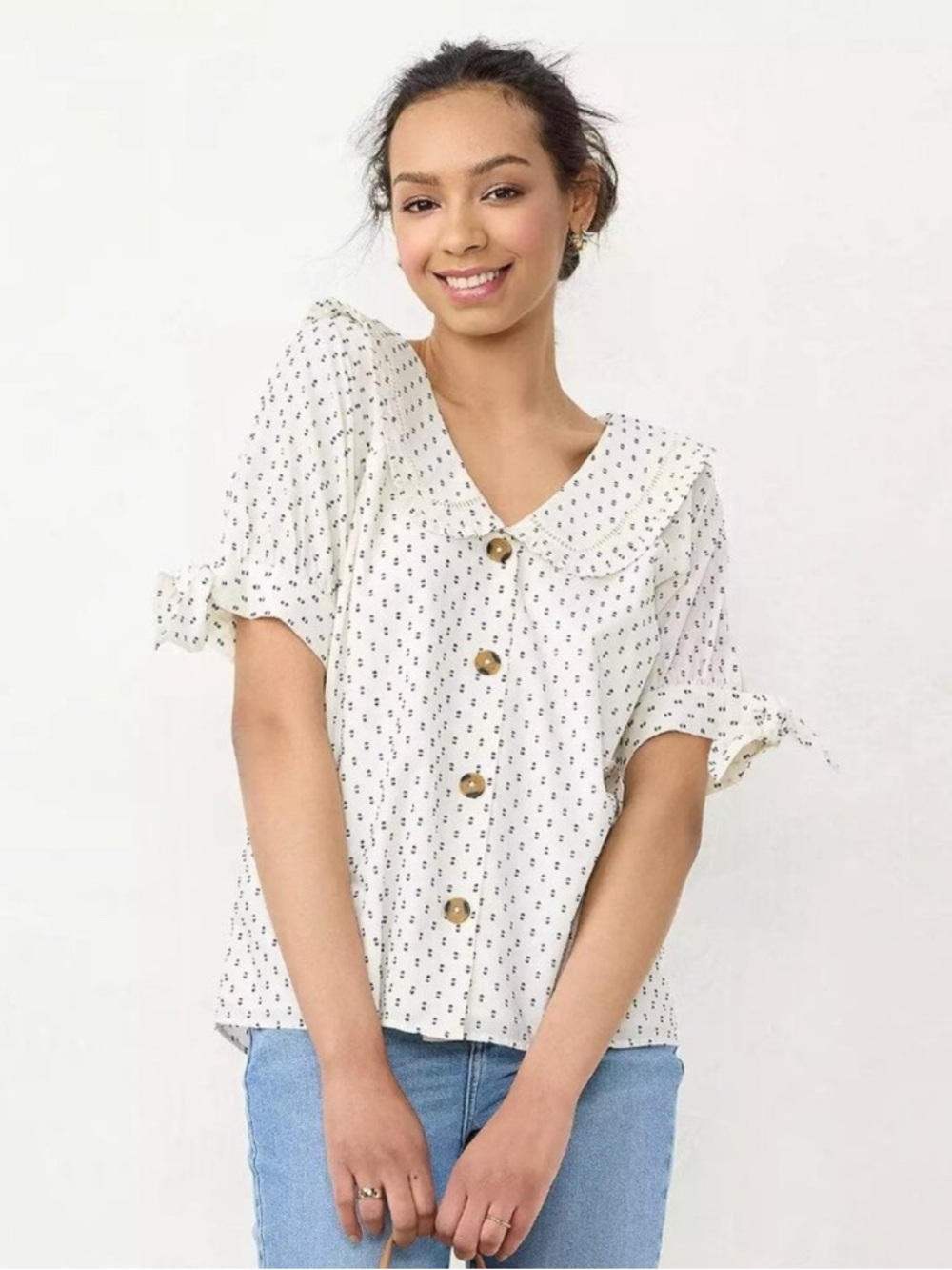 LC Lauren Conrad Cream Dot-Print Button Front Top with Tie Sleeves